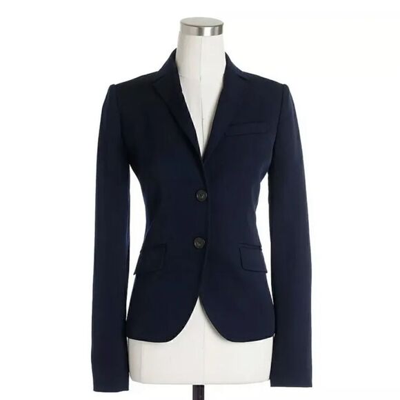 J Crew Women’s Navy Blue 100% Wool Two Button Lined Blazer Jacket - Picture 1 of 13